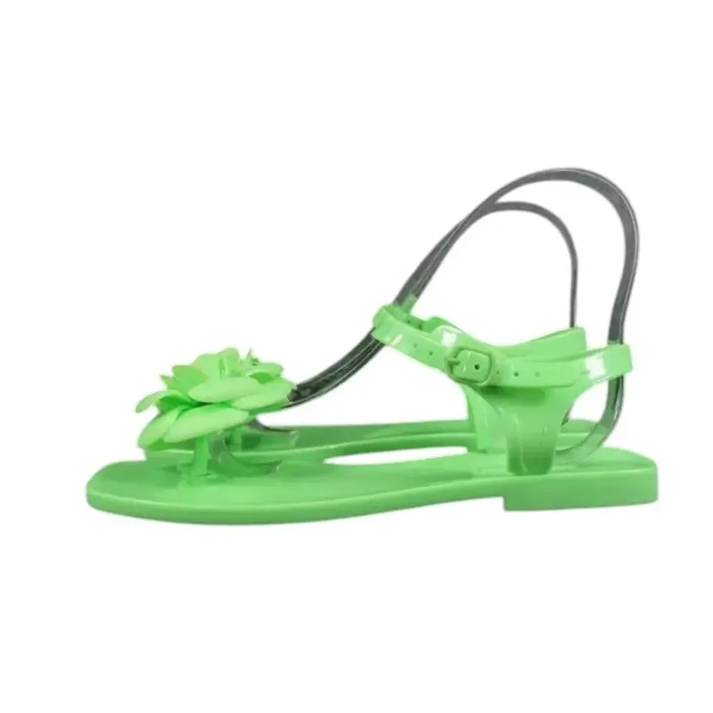 Jeffrey Campbell Shoes Womens 6 Sandal Jelly Flat Flower Thong Ankle Strap Green